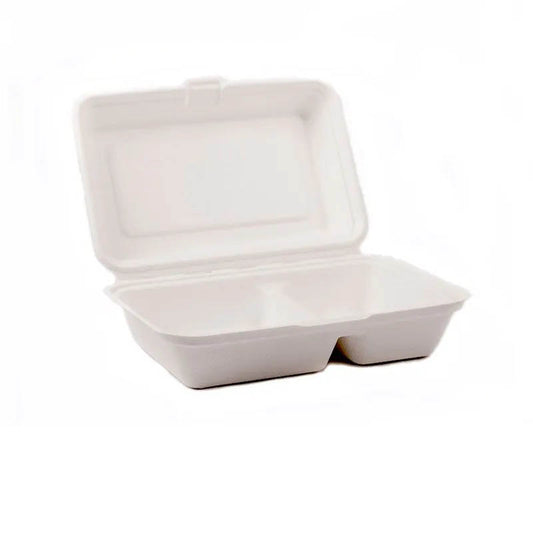 Bagasse White Clamshell Box 2 Compartment (200)