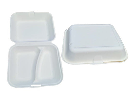 Bagasse White Clamshell Box 2 Compartment (200)